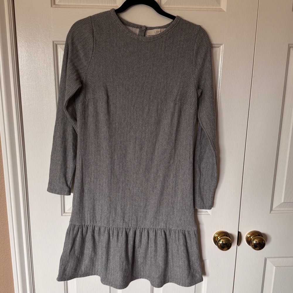LOFT Gray Ruffled Sheath Dress with Bishop Sleeves